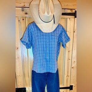 Wrangler Turquoise and Purple Plaid Pearl Snap Shirt, ladies Large 2 for $30